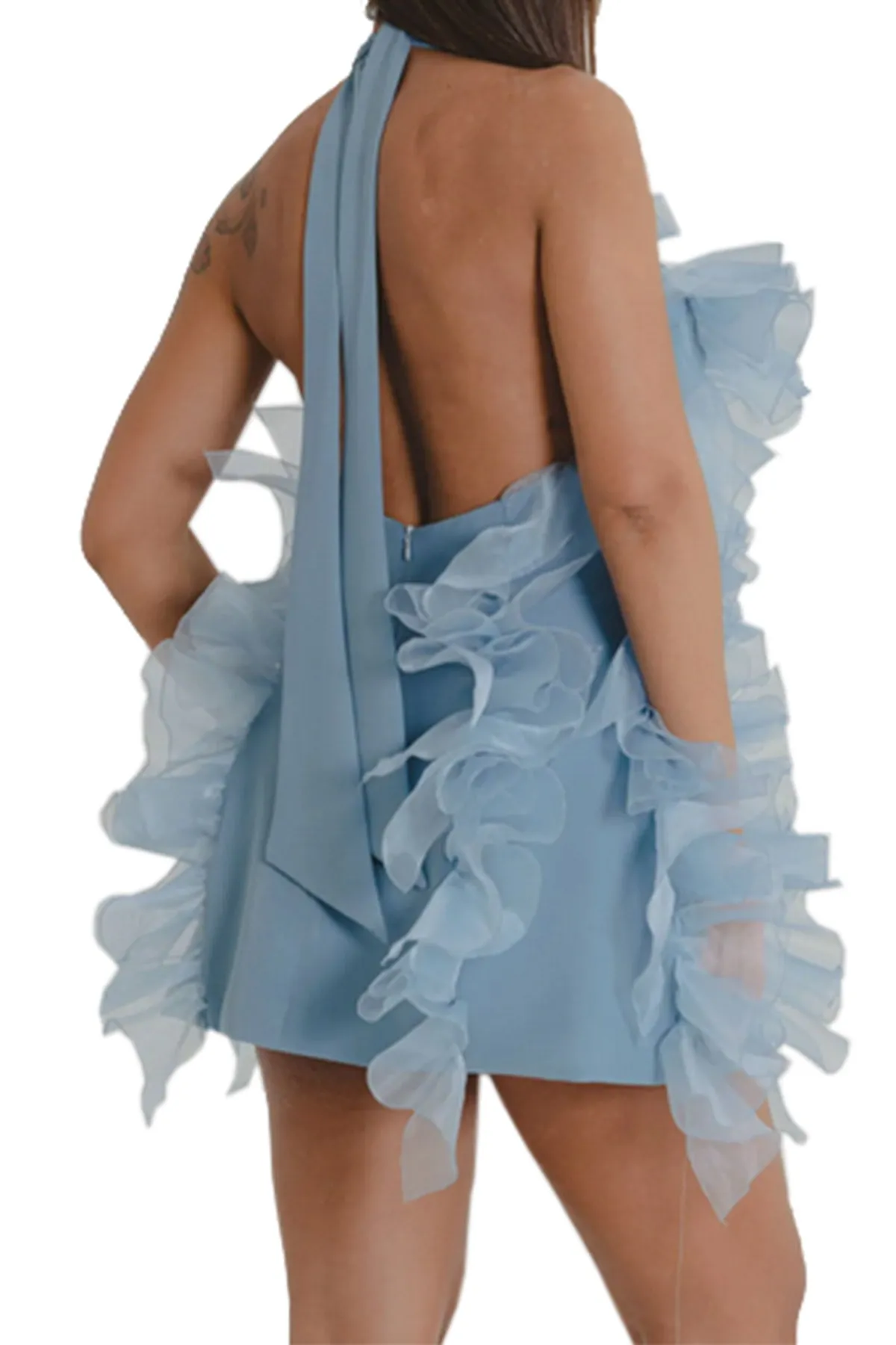Abito donna corto svasato scollo americana giromanica con applicazioni rouches in tulle
