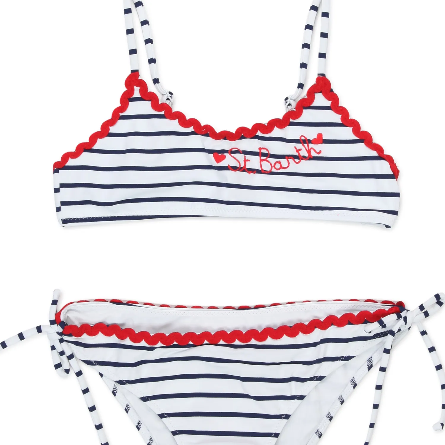Bikini Bianco A Righe Blu Con Orli Rossi Bambina