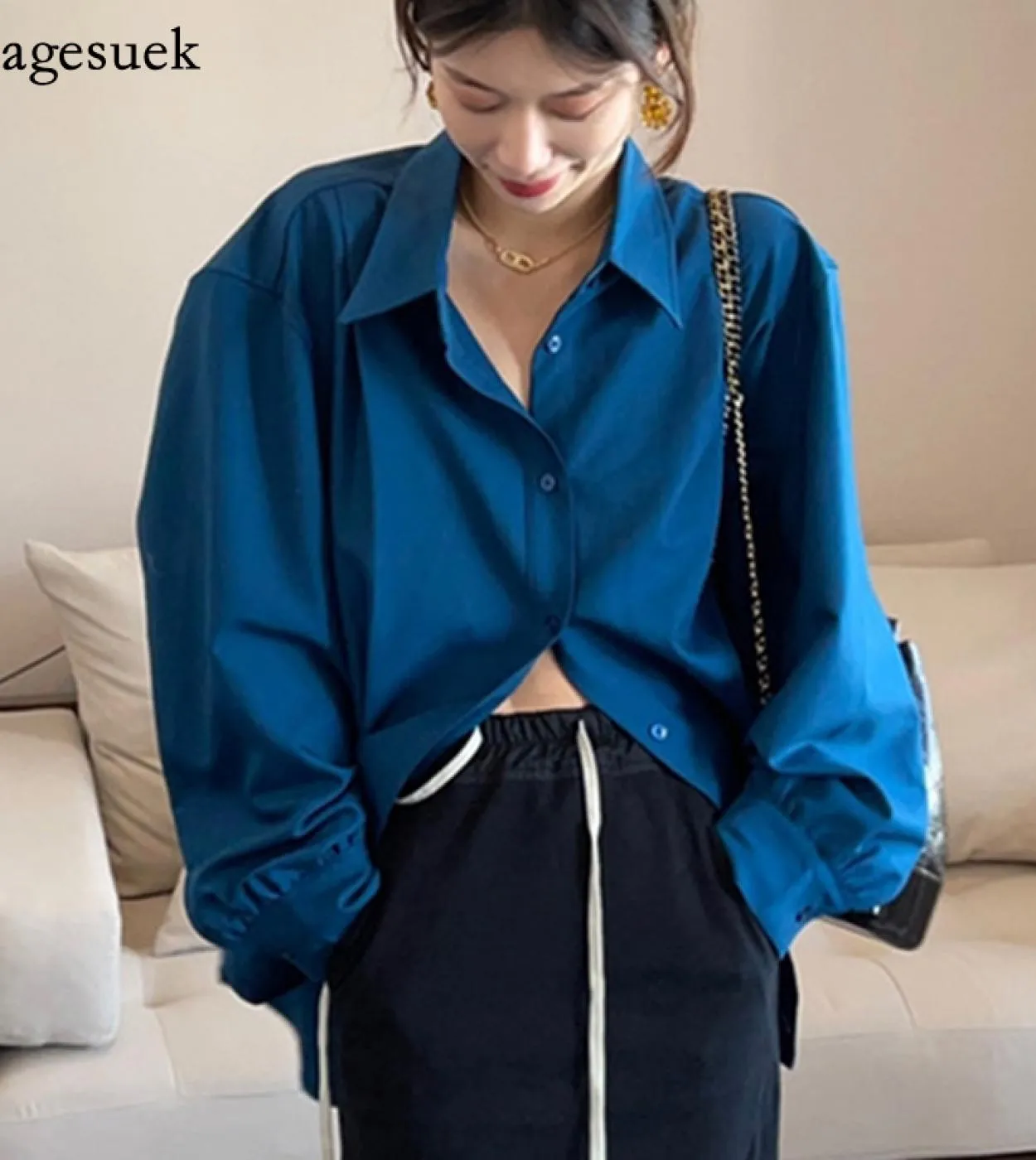 Camicia oversize da donna da ufficio alla moda Camicia oversize a maniche lunghe da autunno Cappotto da donna Camicetta casual C
