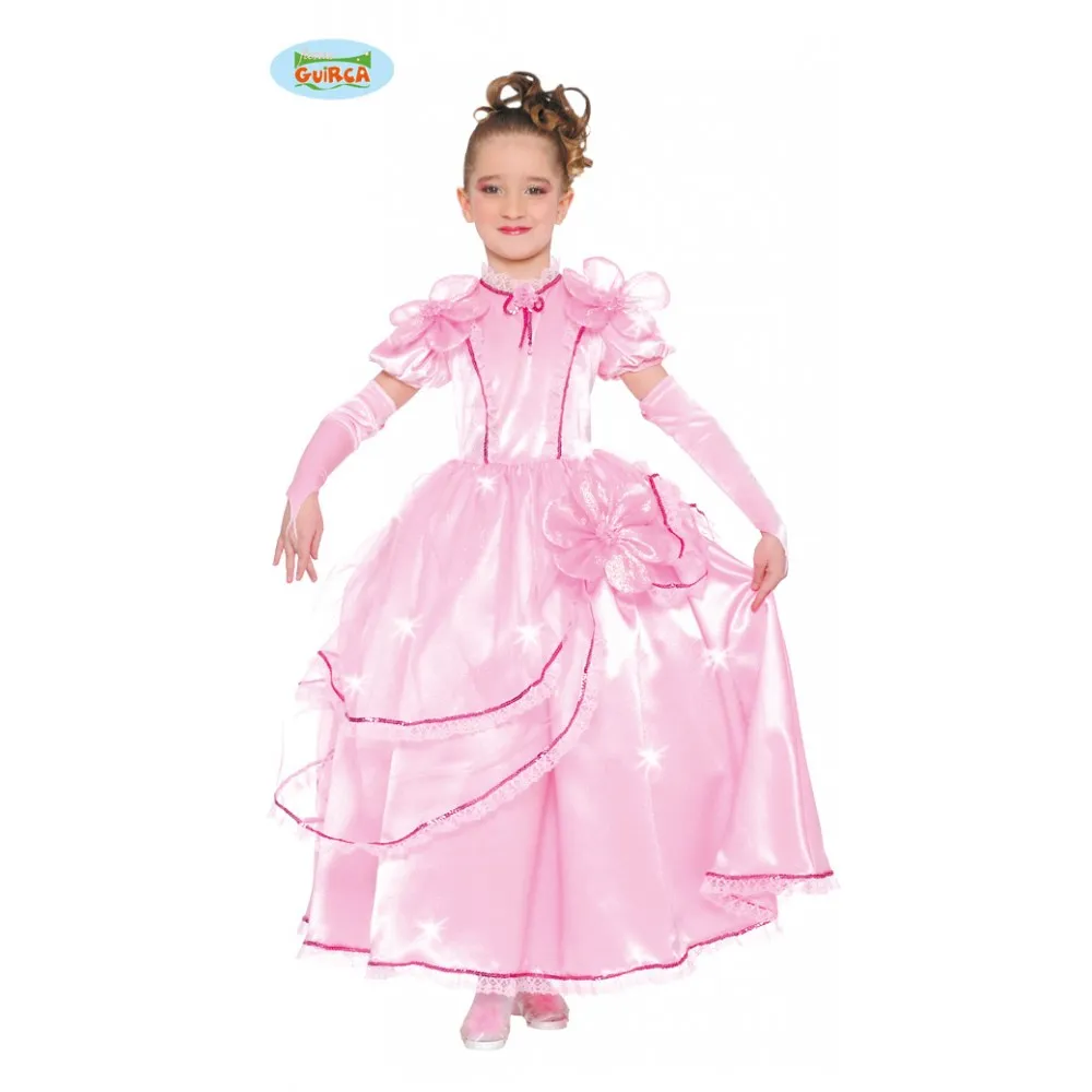 Costume Principessa Rosa Con Fiori Bambina 5/6 Anni Cenerentola Dama Carnevale