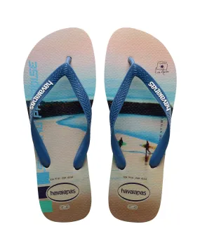 Havaianas Hype beige in fantasia fotografica skate con fascetta indaco e logo bianco