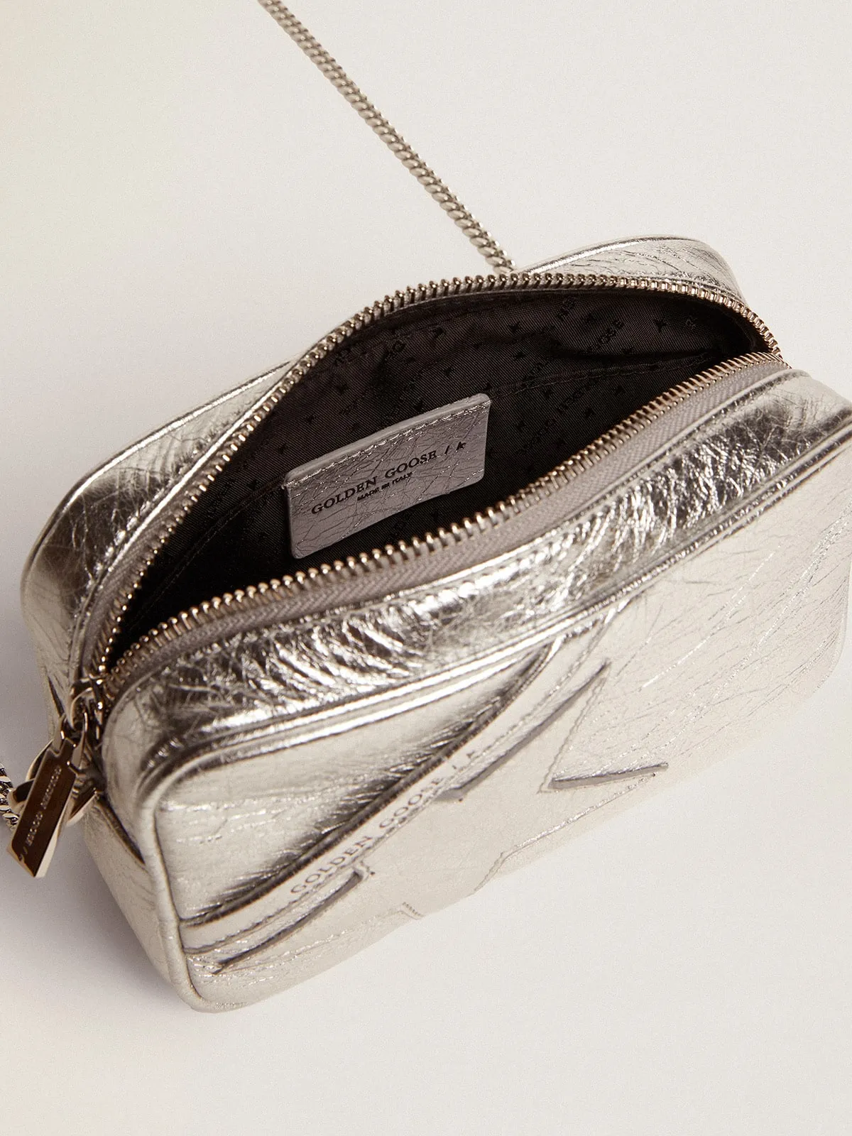 Mini Star Bag da donna in pelle laminata argento e stella ton sur ton